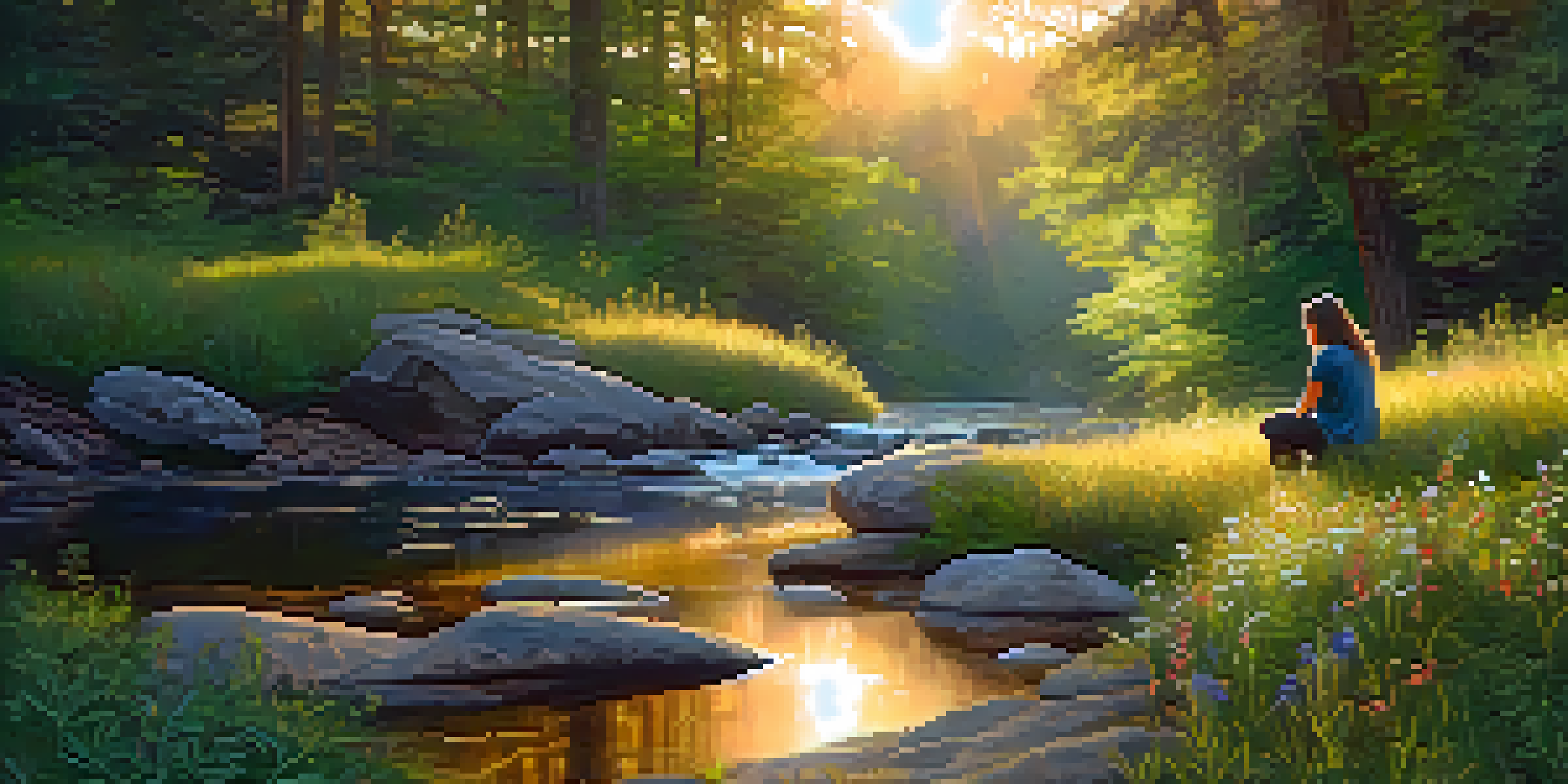 A peaceful forest scene with sunlight filtering through the trees, a person sitting on a rock by a stream, surrounded by wildflowers.