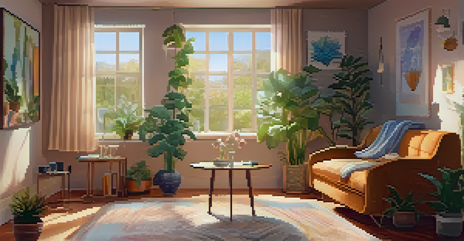 A warm therapy room with comfortable seating and plants, where a therapist is talking to a patient.