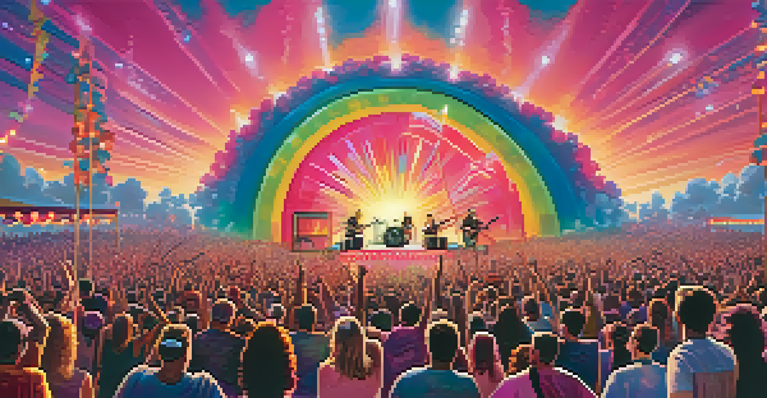 A lively music festival scene with musicians on stage, colorful banners, and an engaged crowd dancing at sunset.