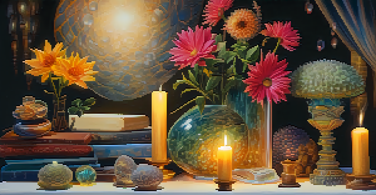 A close-up of a ceremonial space for a hallucinogenic experience, featuring natural elements like flowers, crystals, and candles.