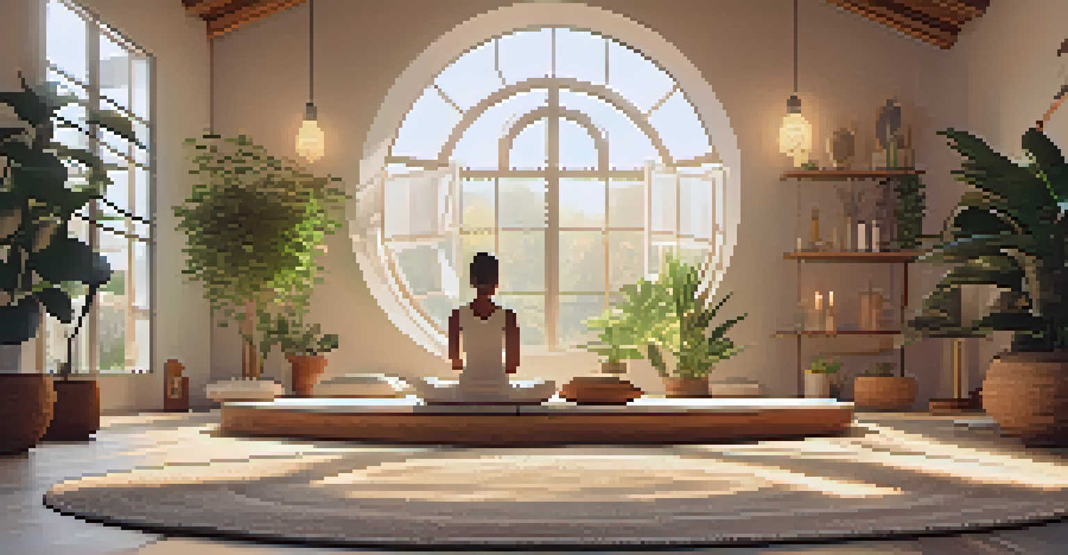 A peaceful meditation space with a soft rug, candles, and cushions, illuminated by warm light surrounded by plants.