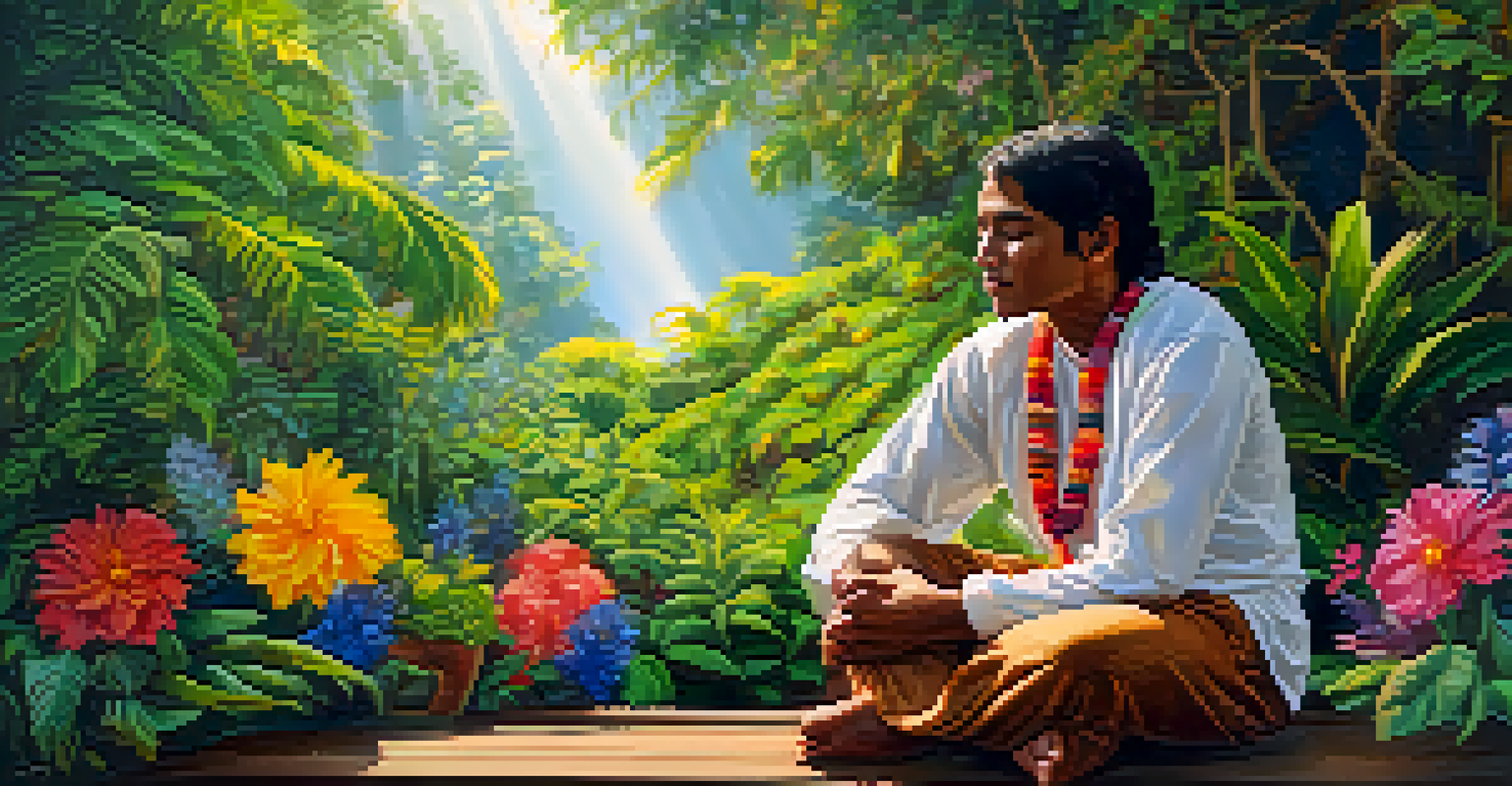 A close-up of a serene participant reflecting in a garden after an Ayahuasca ceremony.