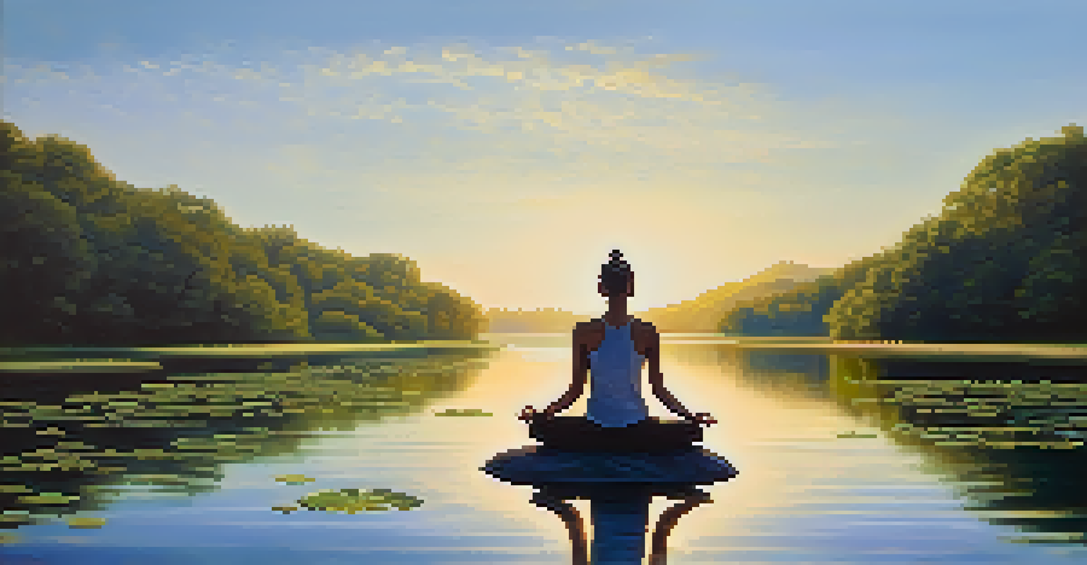 A person meditating by a calm lake surrounded by greenery, reflecting tranquility.