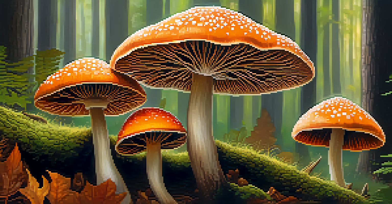 Close-up of colorful psilocybin mushrooms in a lush forest with sunlight filtering through the trees.