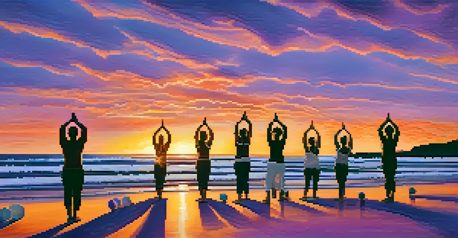 A yoga class at sunset on a beach, with participants practicing under a colorful sky, reflecting a blend of wellness and psychedelics.