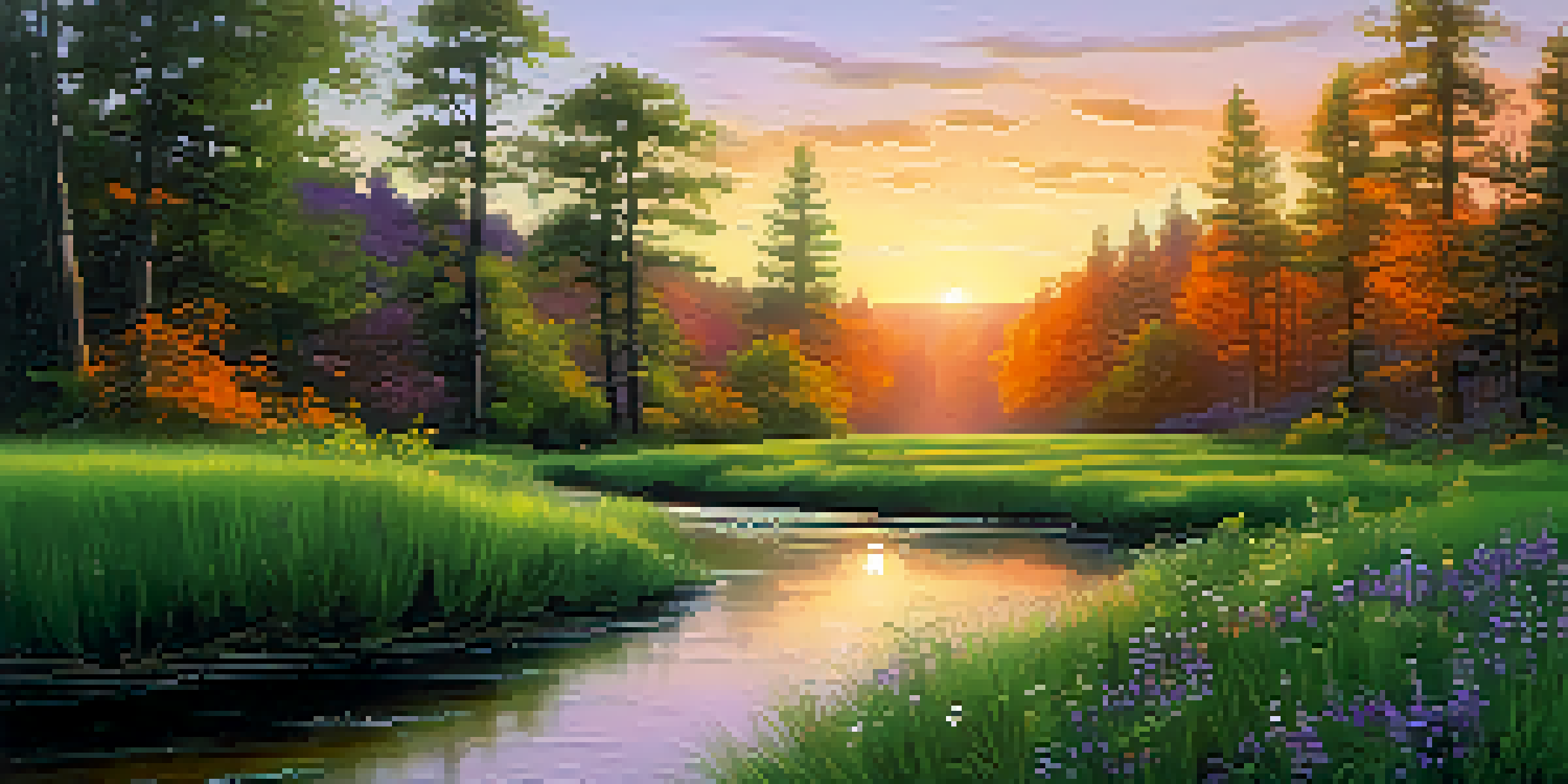 A peaceful forest scene at sunset with colorful skies and a small stream.