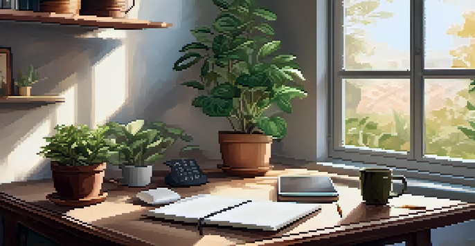 A cozy workspace with a wooden desk, laptop, notepad, herbal tea, and an indoor plant, bathed in natural light.