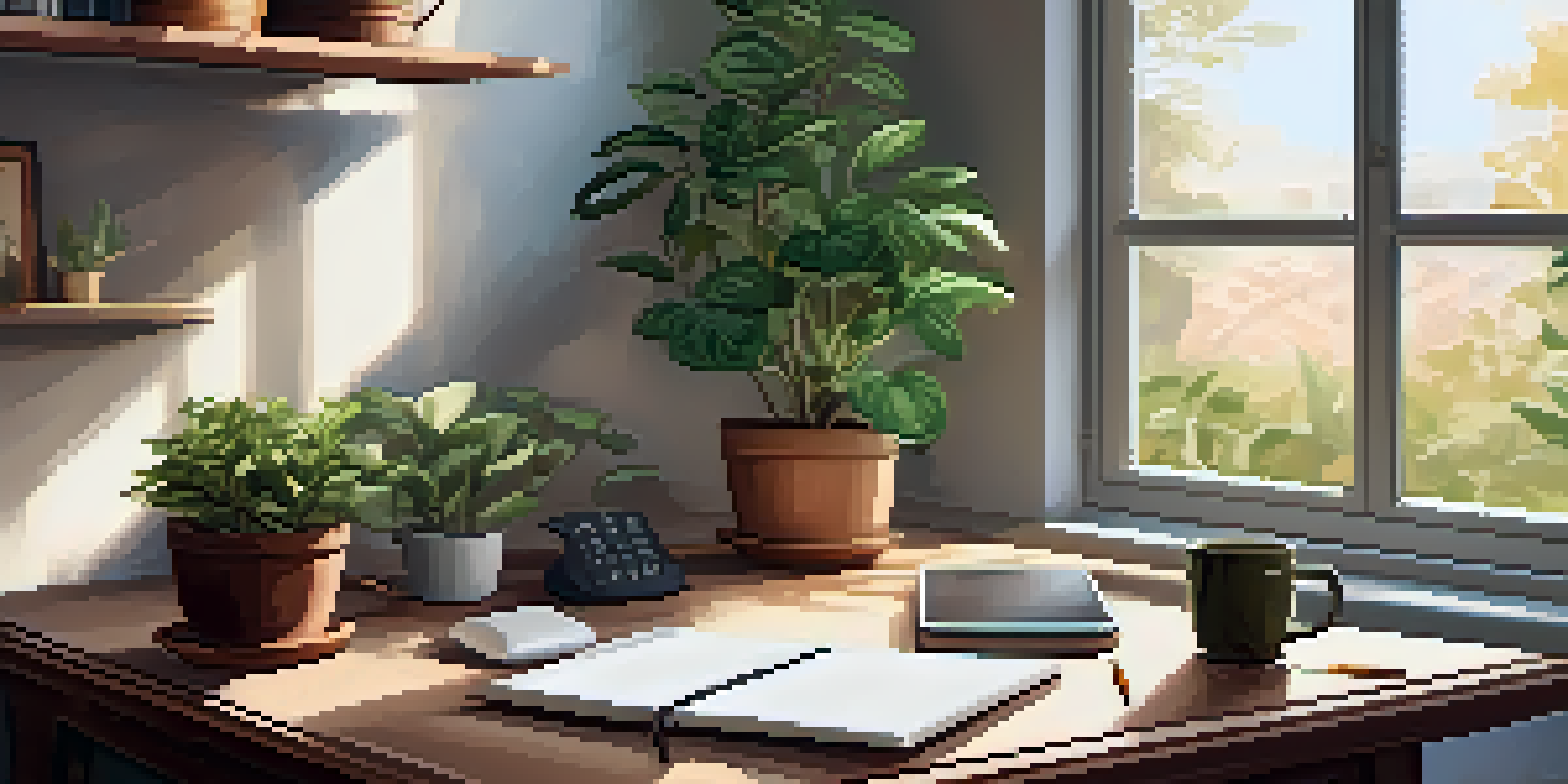 A cozy workspace with a wooden desk, laptop, notepad, herbal tea, and an indoor plant, bathed in natural light.