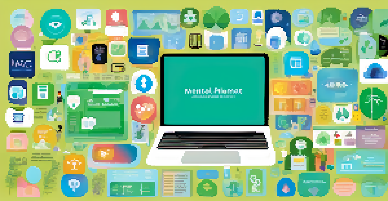 A digital interface showcasing online community platforms for mental health support with vibrant icons and a calming color palette.