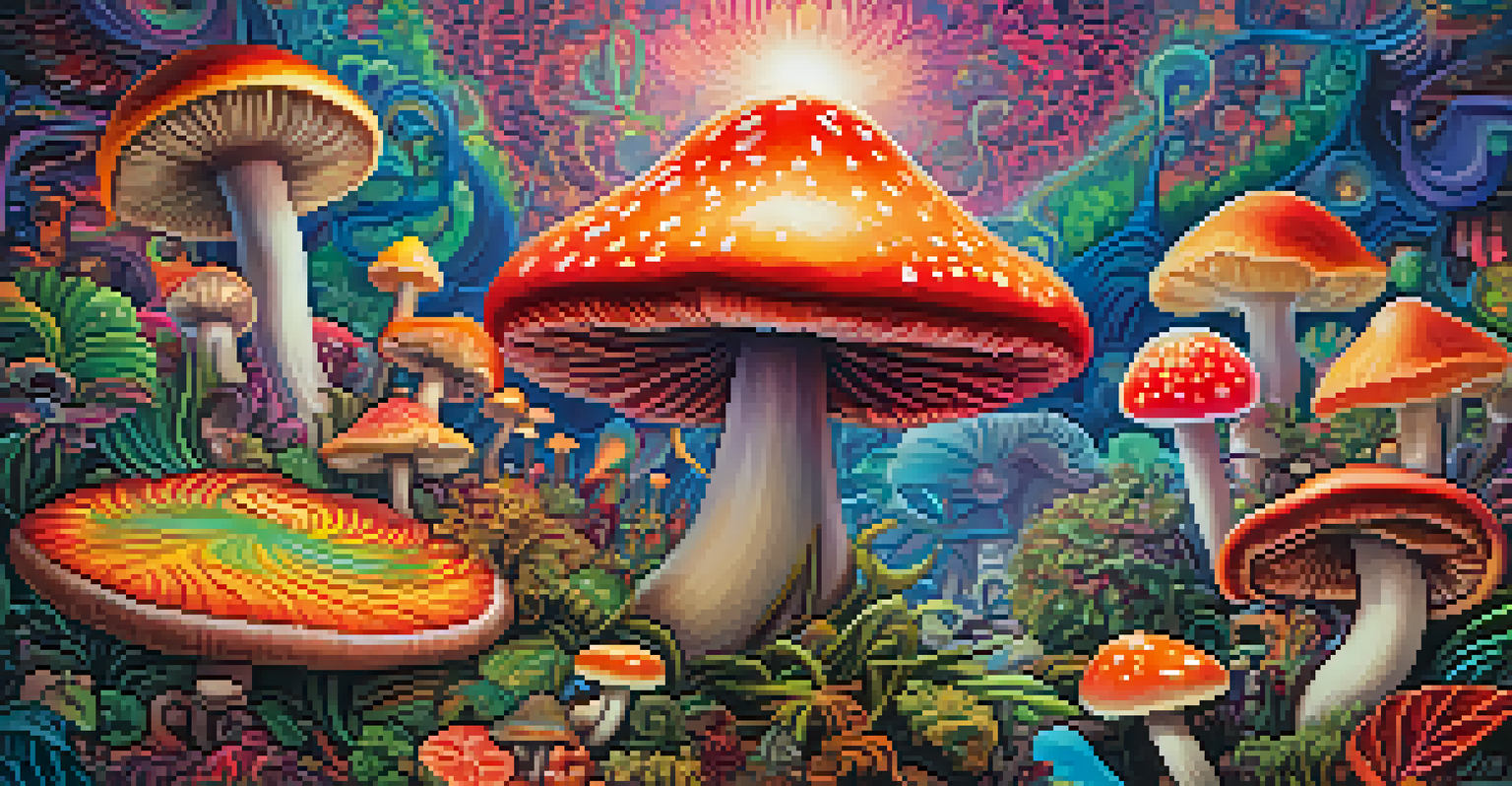 A colorful and artistic depiction of hallucinogenic mushrooms surrounded by vibrant patterns and abstract shapes, representing transformation.