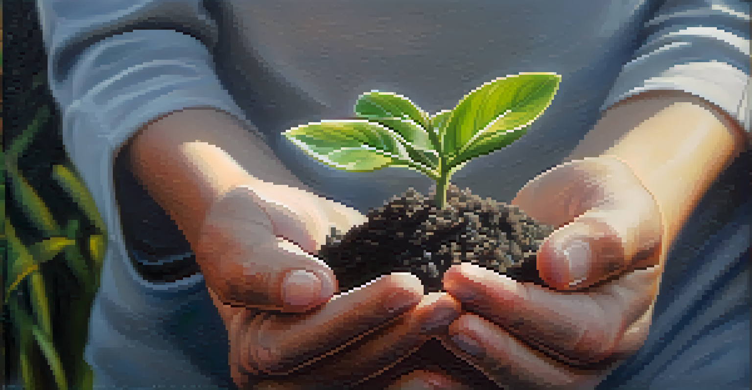 Close-up of hands holding a small plant symbolizing growth and healing in a warm light.