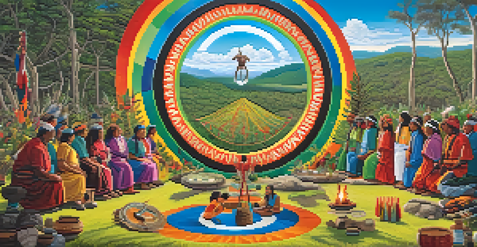 An indigenous healing ceremony in a natural setting, showcasing a circle of people engaged in a spiritual ritual.