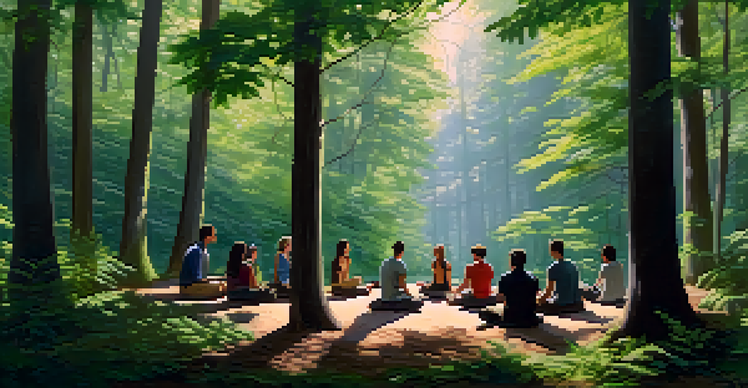 A group of people sitting in a circle on the forest floor during a mindfulness session in a lush forest.