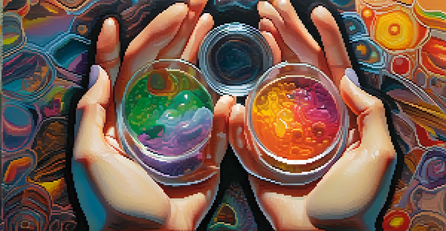 Close-up of hands holding a colorful vial representing hallucinogenic substances, with a vibrant abstract background.