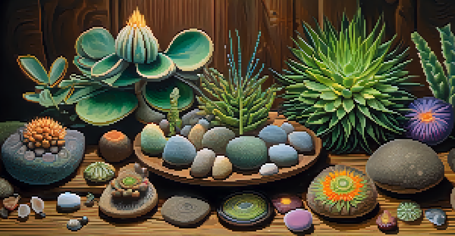 A detailed view of hallucinogenic plants on a wooden table, surrounded by natural elements, with soft lighting emphasizing their textures and colors.