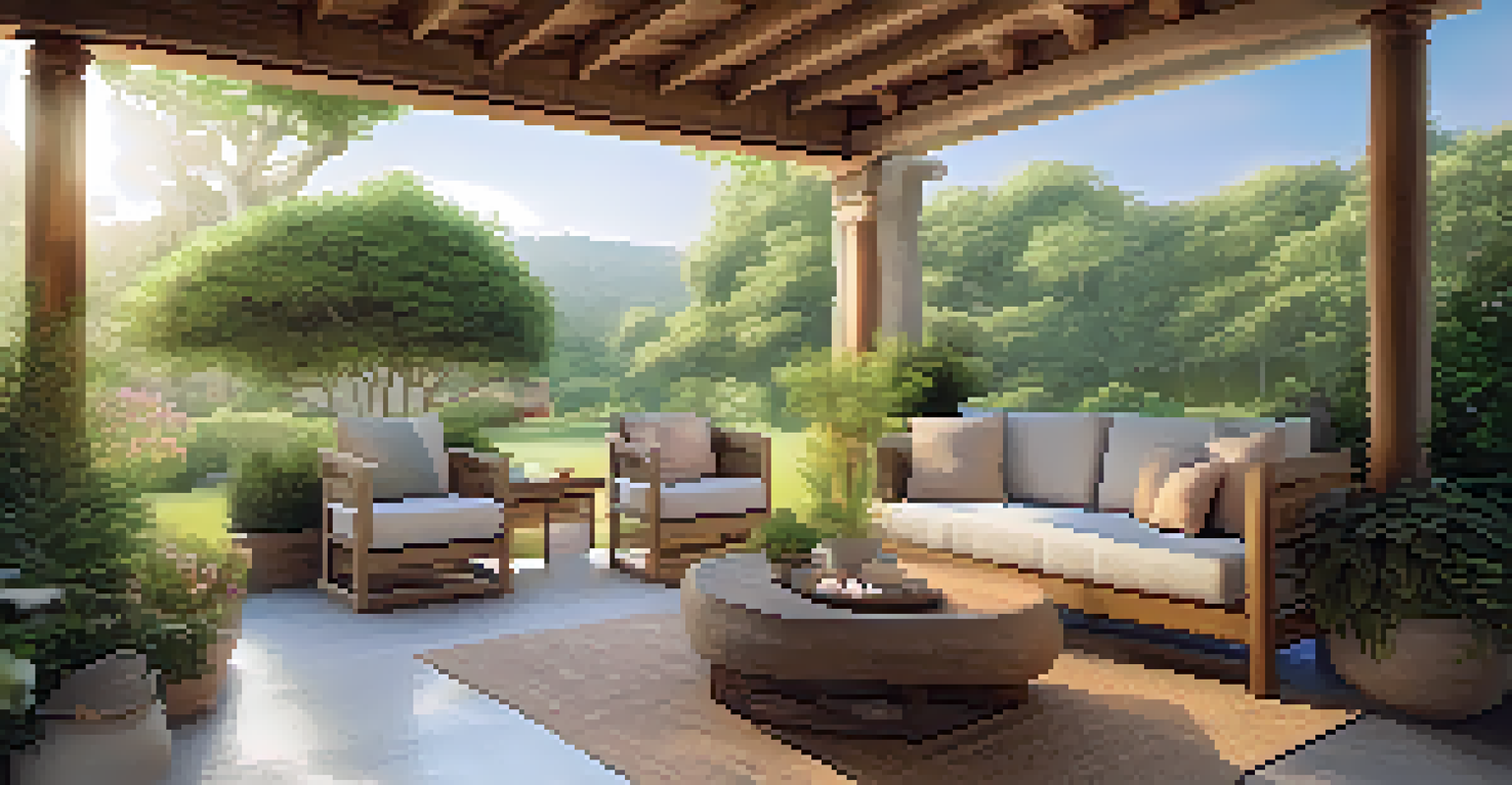 A peaceful outdoor therapy space with cushions, blankets, and lush greenery, illuminated by soft, warm light.