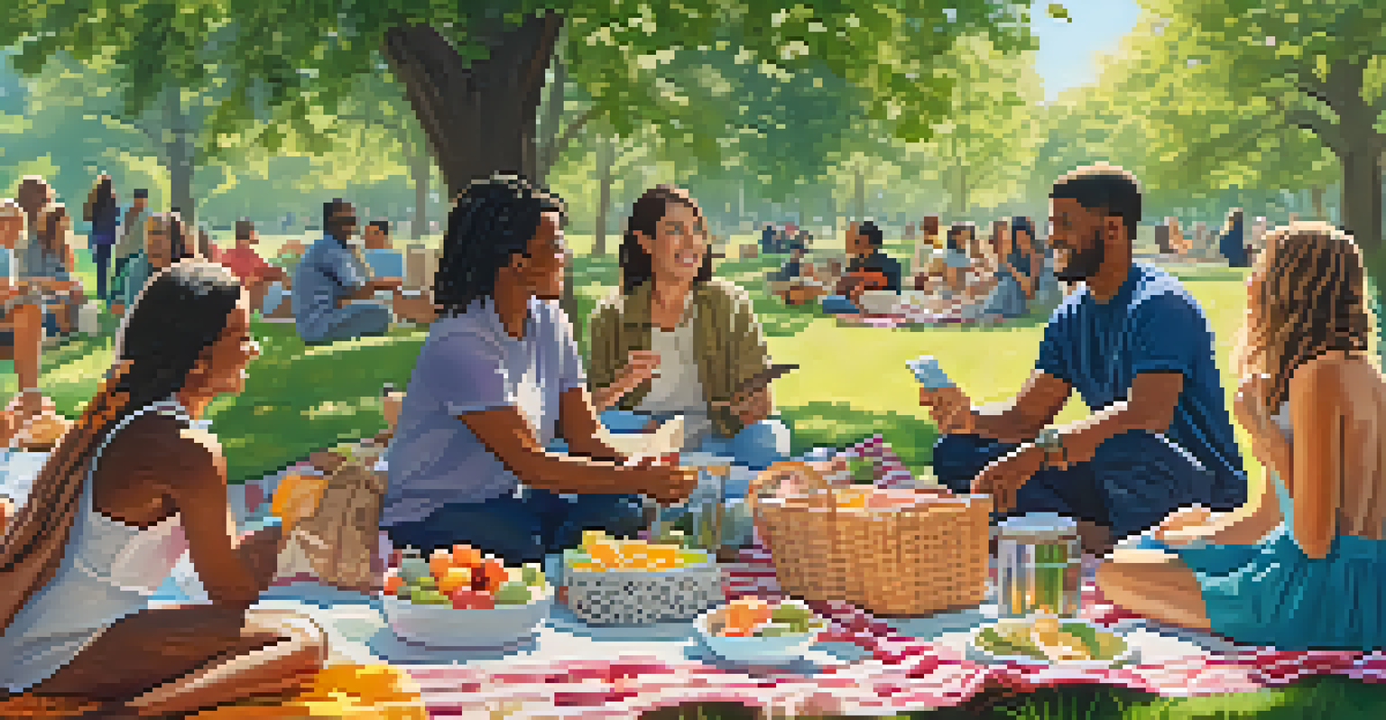An outdoor park gathering with diverse individuals sharing stories, surrounded by trees and blooming flowers, with a picnic setup.