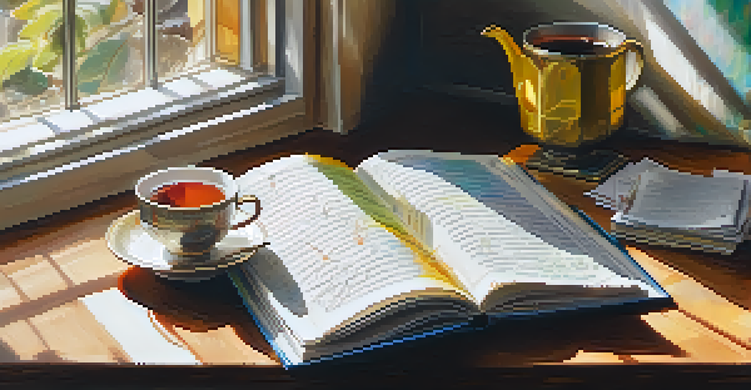 A close-up of an open book with notes and sketches on a wooden table, with a cup of tea and sunlight casting shadows across the pages.