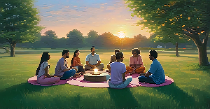 A diverse group of people sitting in a circle on grass during sunset, engaged in a reflective conversation.