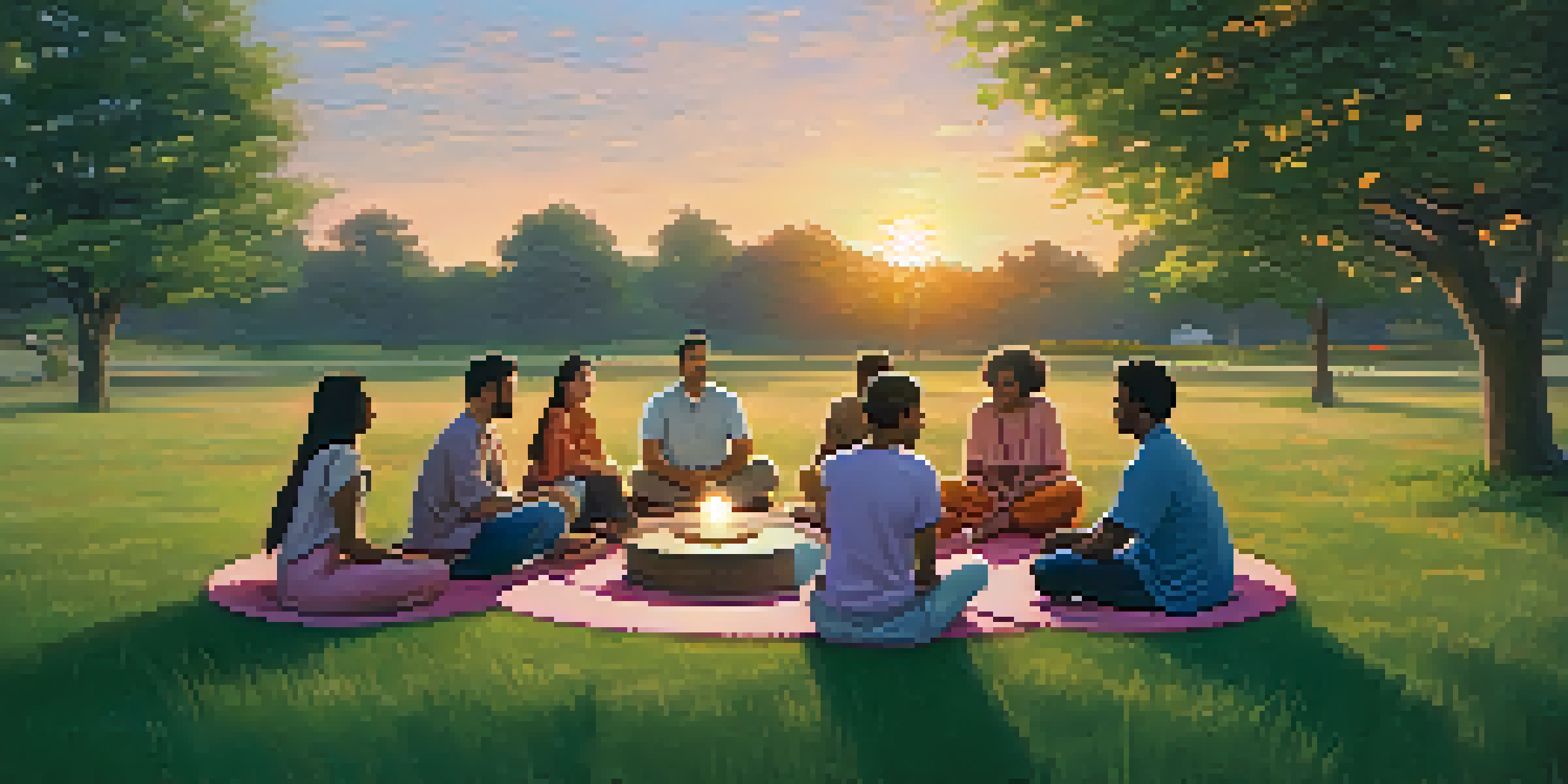 A diverse group of people sitting in a circle on grass during sunset, engaged in a reflective conversation.