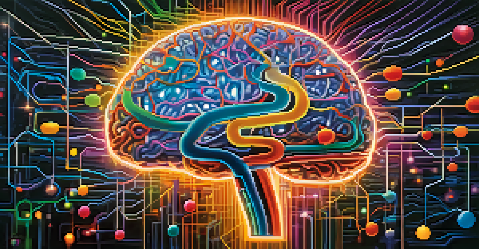 A colorful artistic portrayal of a human brain with glowing neural connections against a dark background.