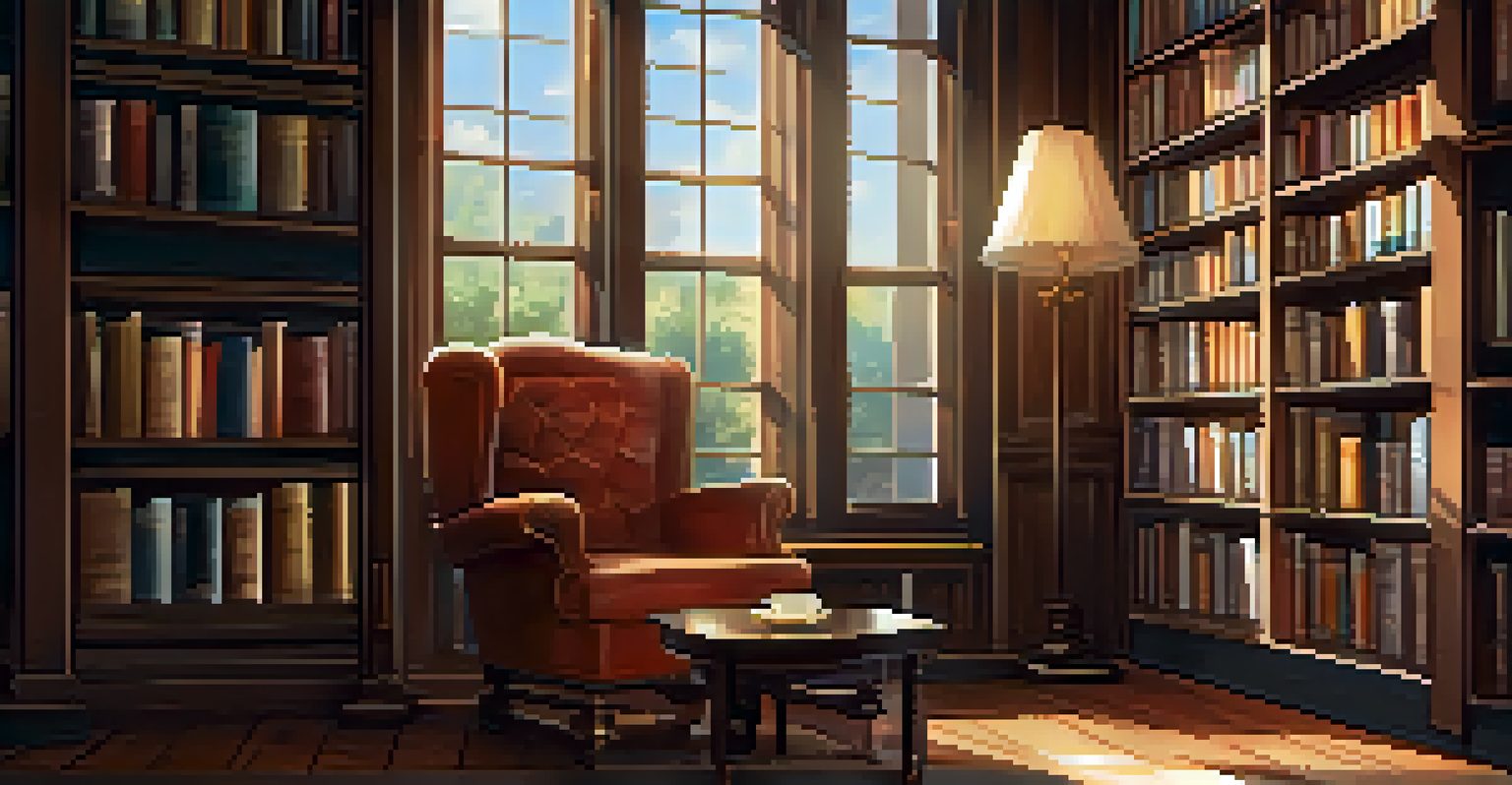 A warm library scene with books, an armchair, and sunlight streaming through the window.