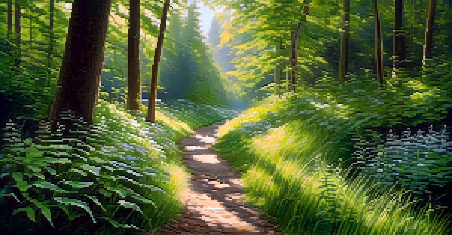 A beautiful woodland path with sunlight filtering through trees, lined with ferns and flowers, and a person walking beside a stream.