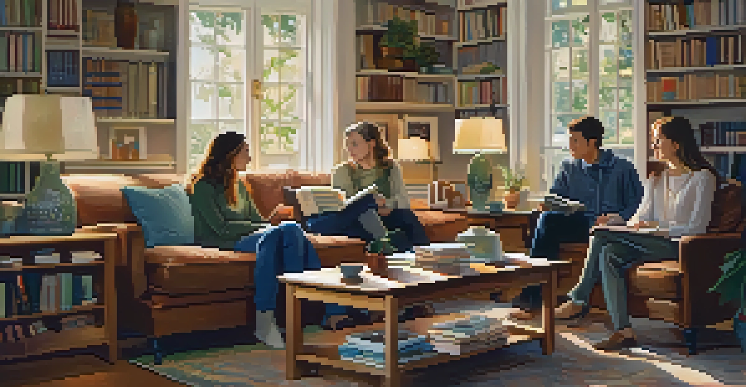 Friends in a cozy room having a warm conversation under soft lighting.