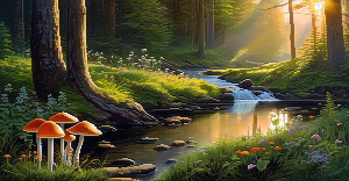 A peaceful forest with sunlight filtering through leaves, mushrooms and wildflowers in the foreground, and a stream in the background.