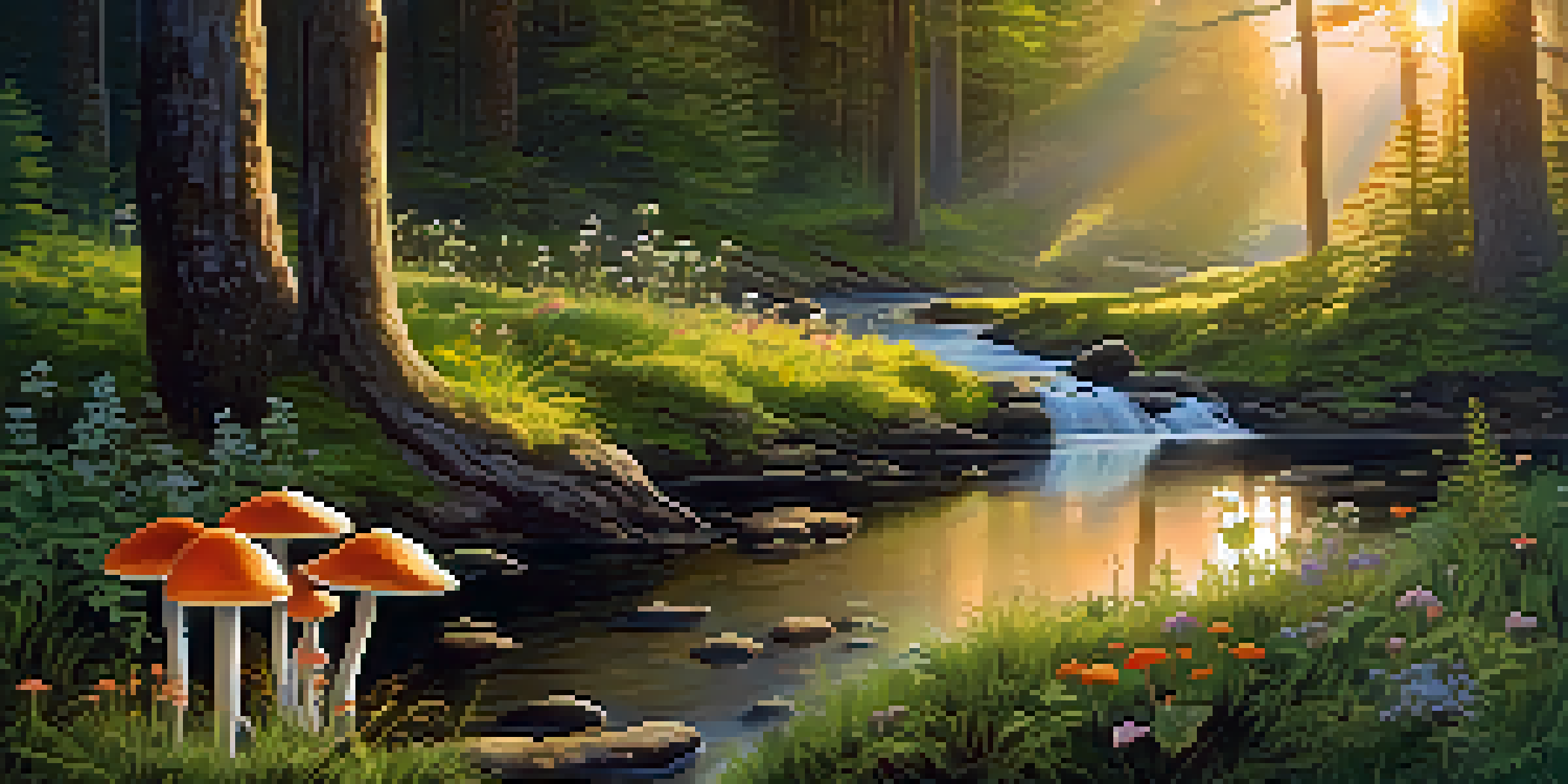 A peaceful forest with sunlight filtering through leaves, mushrooms and wildflowers in the foreground, and a stream in the background.