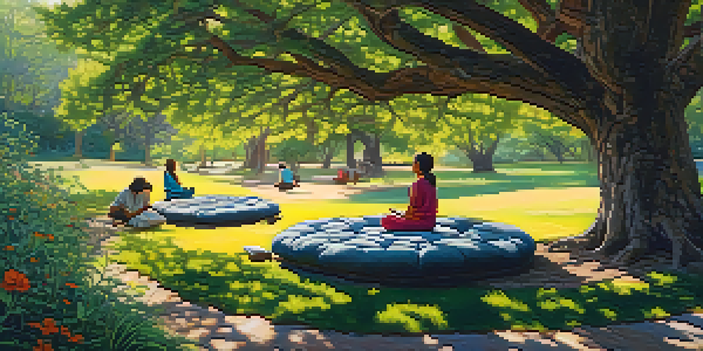 An outdoor guided psychedelic retreat with participants meditating on cushions under an ancient tree, surrounded by a vibrant natural setting.