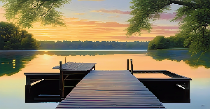 A peaceful landscape with a tranquil lake, lush green trees, and a colorful sunrise reflecting on the water.