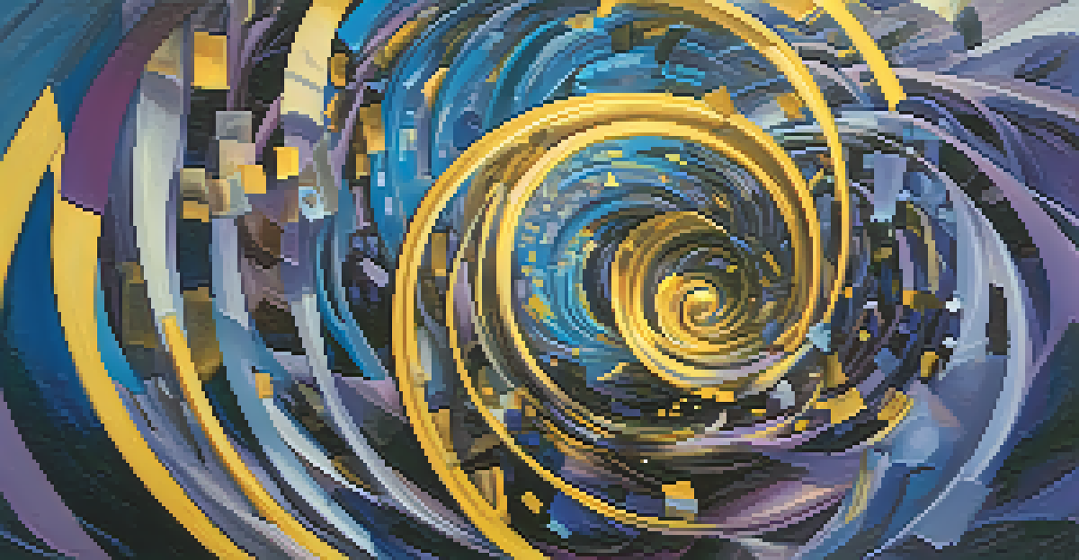 An abstract image representing memory with swirling colors and floating symbols like clocks and photographs.