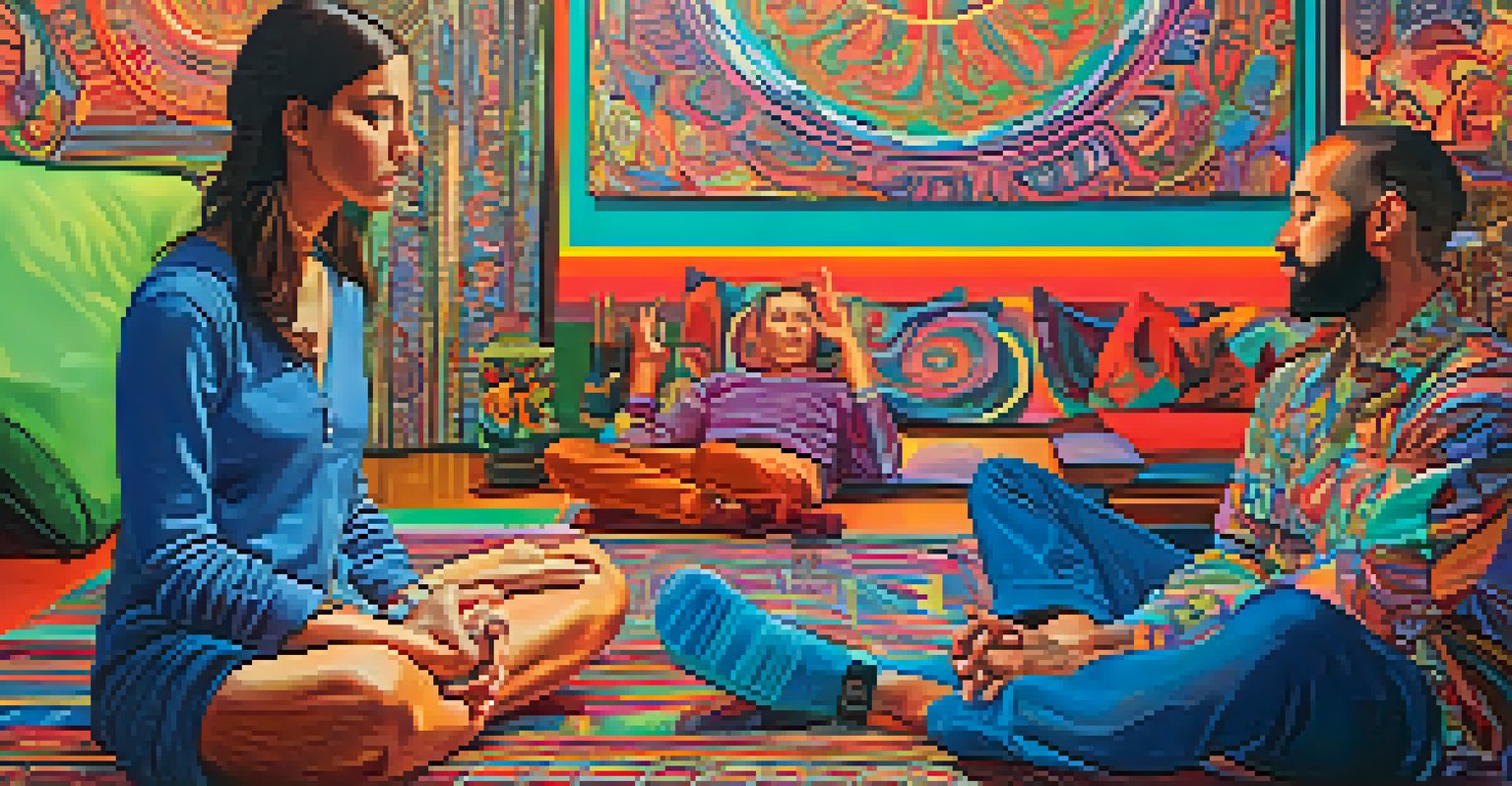 A person practicing mindful breathing in a psychedelic therapy session, with abstract patterns around them.