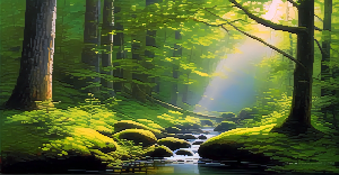 A peaceful forest scene with morning light filtering through trees and a gentle stream.