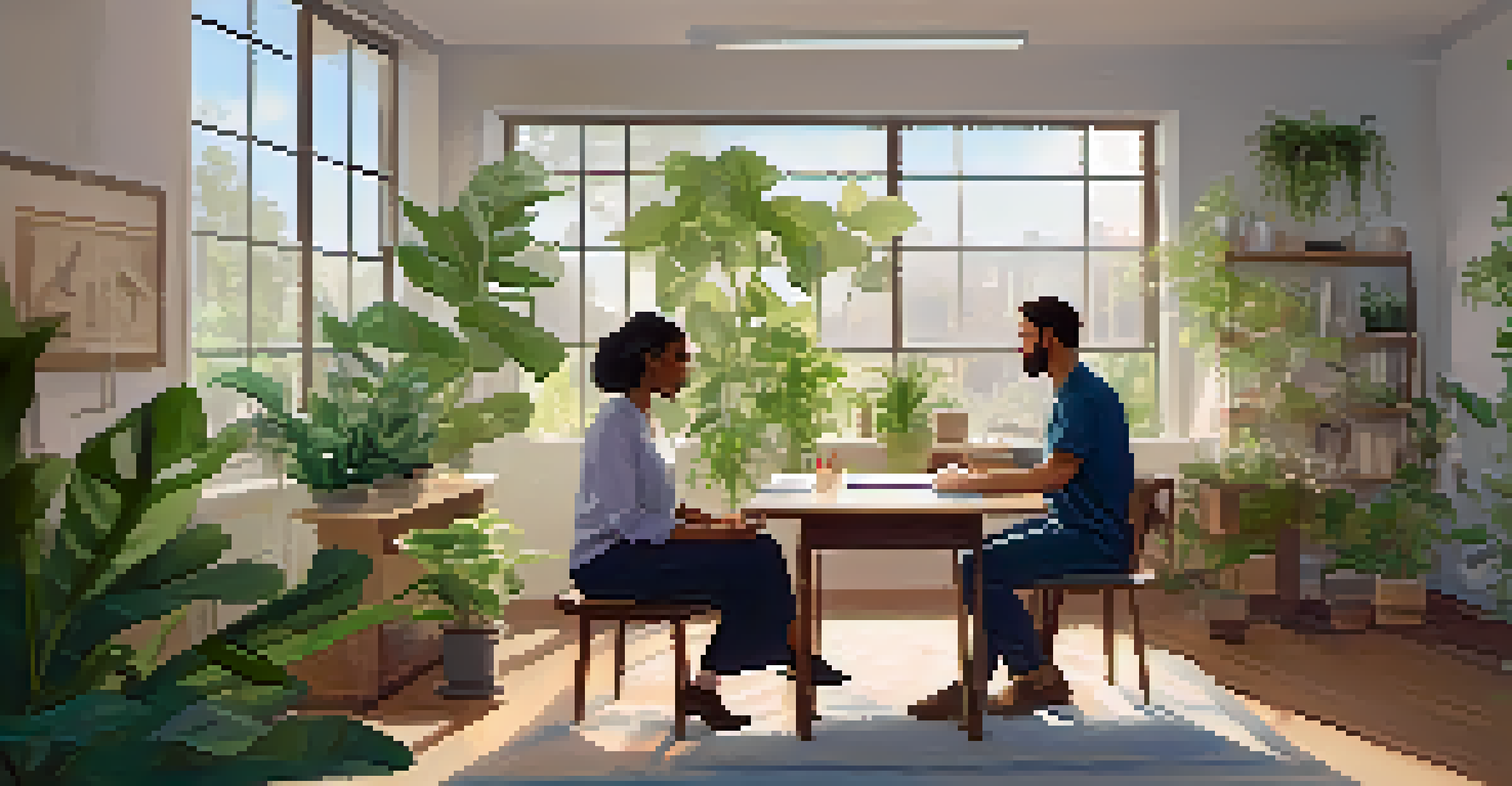 A calming therapy room with a psychologist and a patient, decorated with plants and natural light, emphasizing creativity and healing.