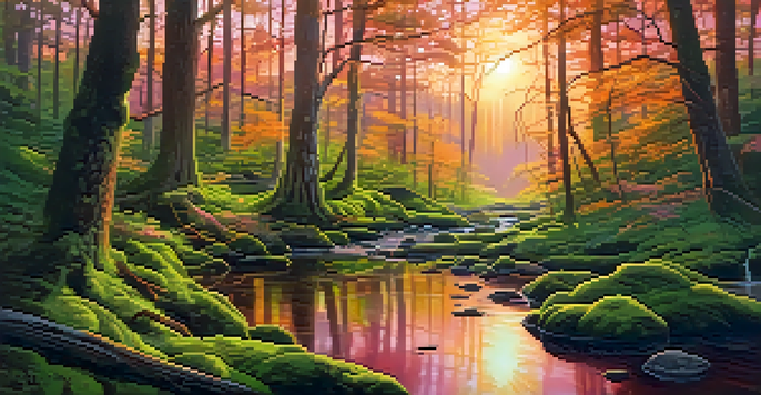 A tranquil forest landscape at sunrise with colorful skies and a small stream.