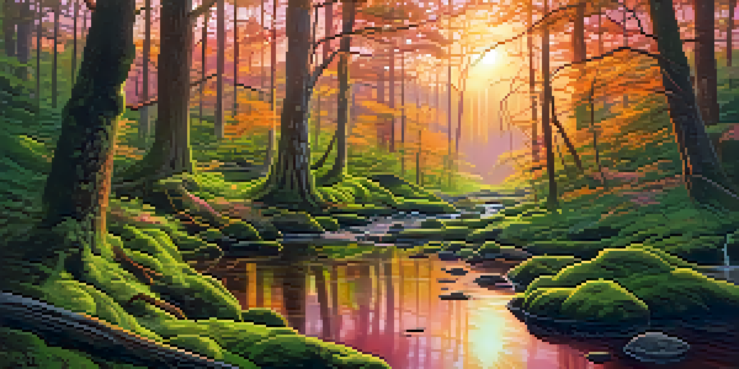 A tranquil forest landscape at sunrise with colorful skies and a small stream.