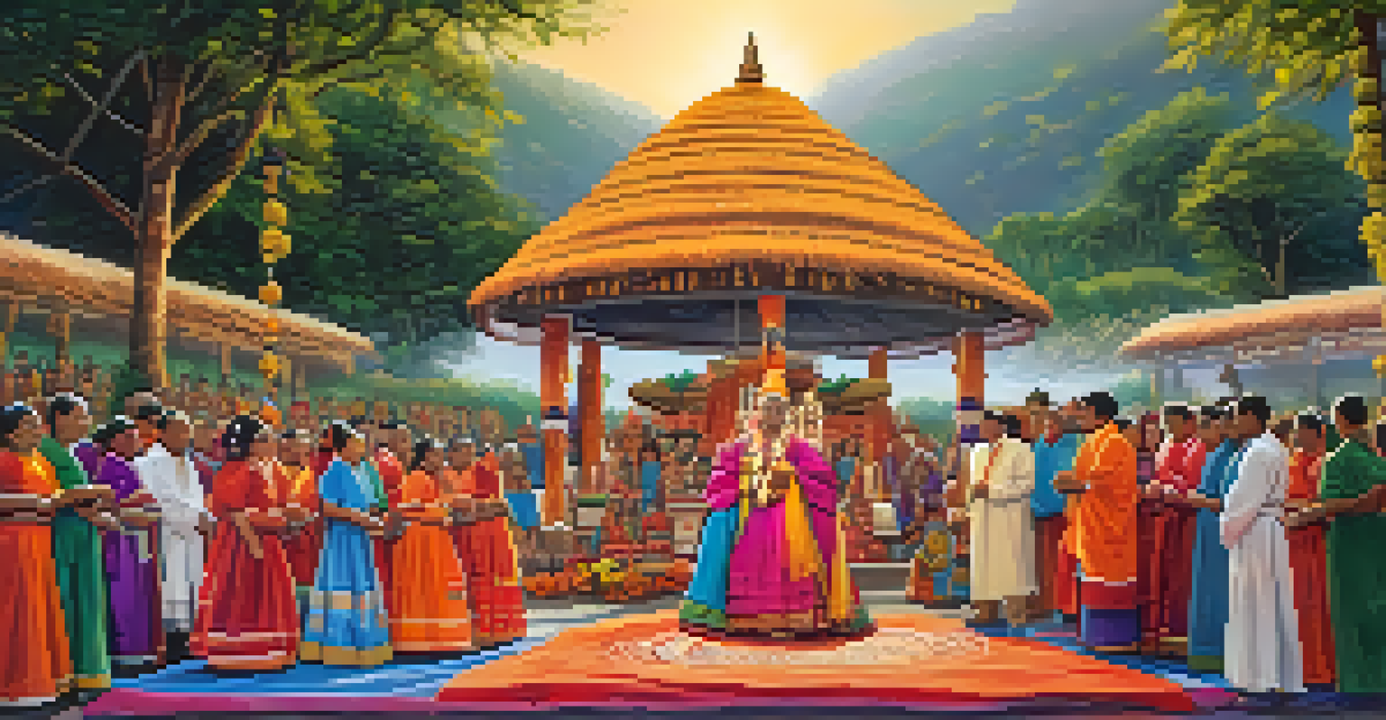 A cultural ceremony in an outdoor setting with participants in traditional attire, showcasing vibrant colors and community connections.