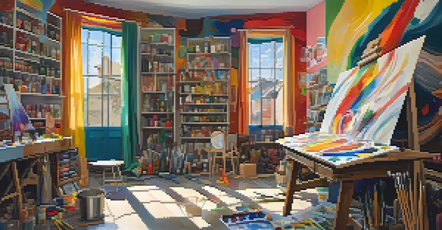 An artist's studio with colorful artworks, an easel, and scattered art supplies, illuminated by natural light.