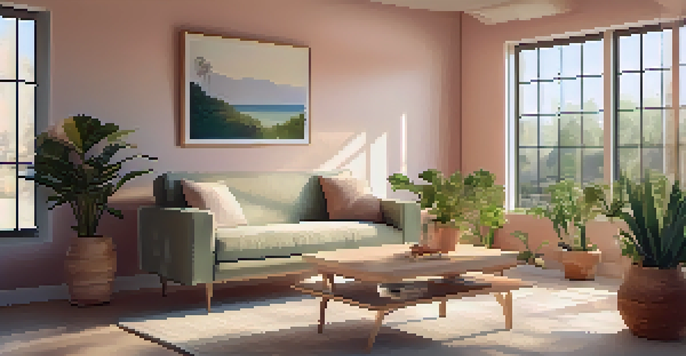 A tranquil therapy room with a couch, plants, and soft lighting, designed for comfort and peace.