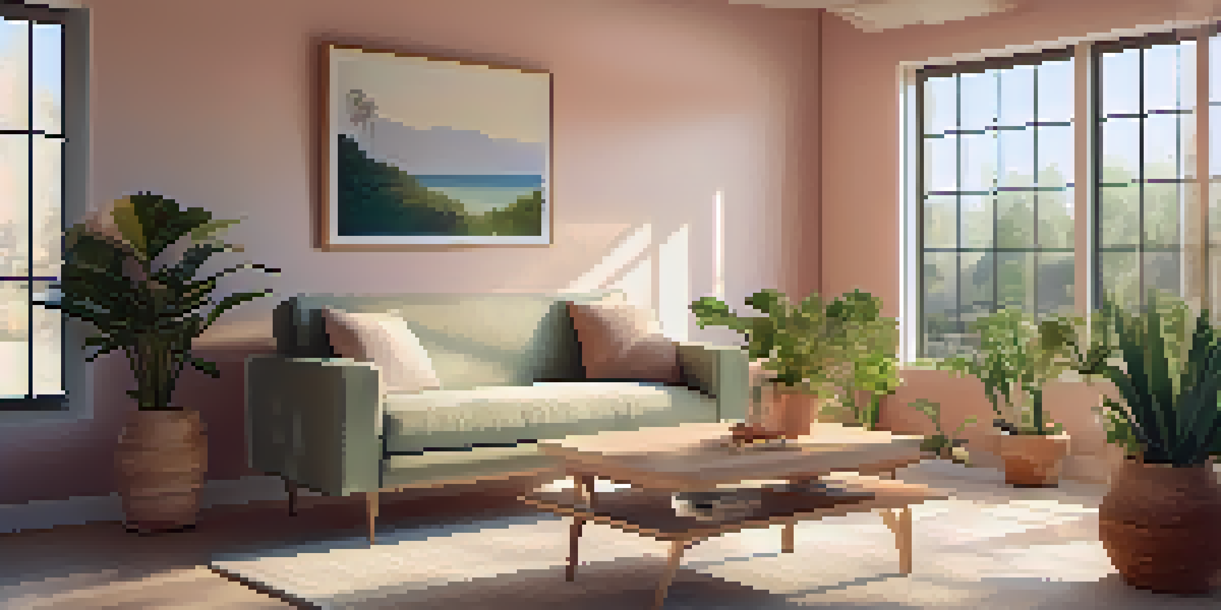 A tranquil therapy room with a couch, plants, and soft lighting, designed for comfort and peace.