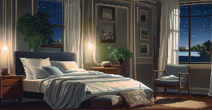 A peaceful bedroom at night with moonlight filtering through curtains, a cozy bed, and a glowing lamp.