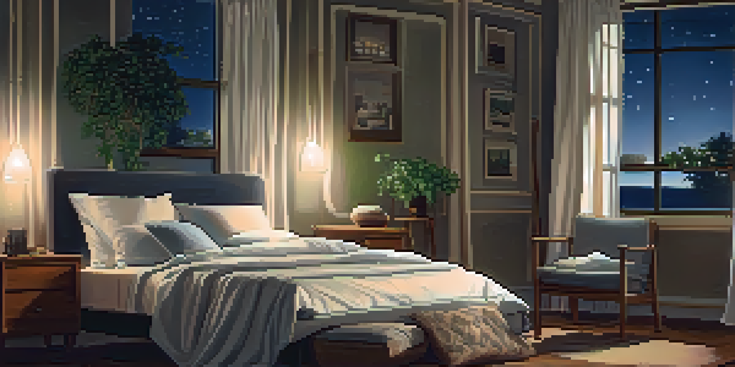 A peaceful bedroom at night with moonlight filtering through curtains, a cozy bed, and a glowing lamp.