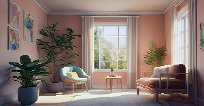 A cozy therapy room with soft lighting, an armchair, a table with a plant, and calming artwork on the walls.
