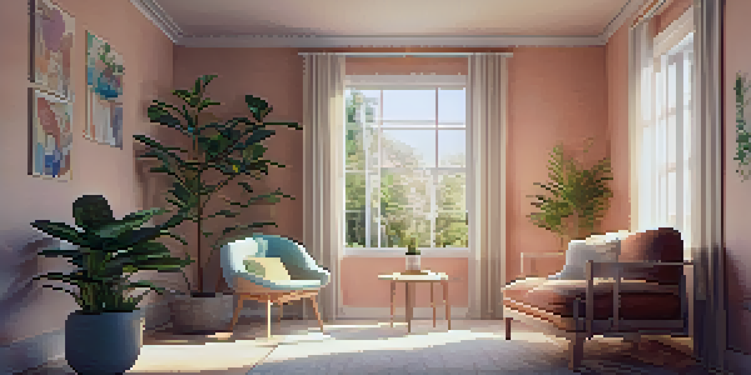 A cozy therapy room with soft lighting, an armchair, a table with a plant, and calming artwork on the walls.