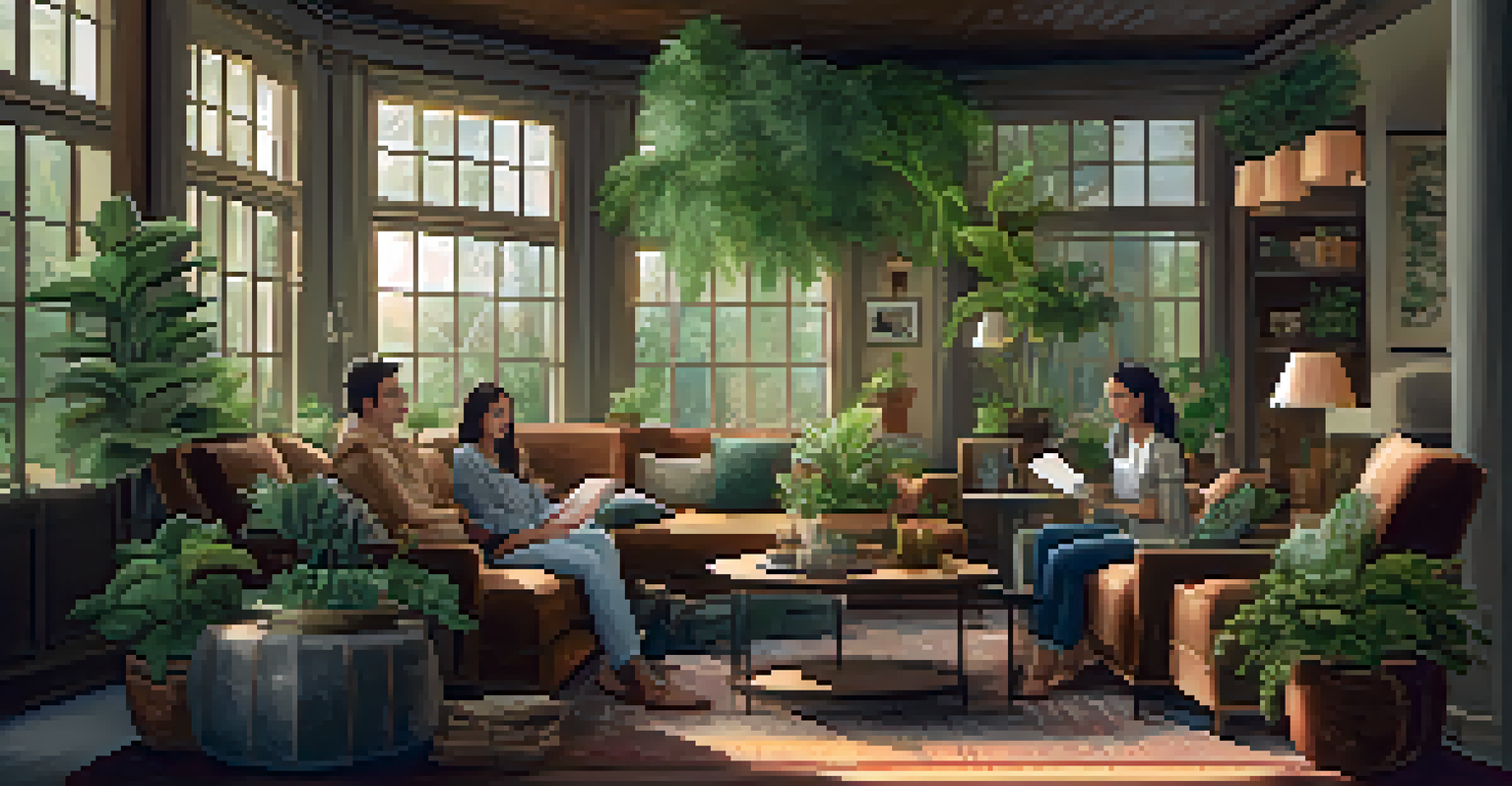 A cozy indoor space with friends engaging in a heartfelt conversation, surrounded by plants and warm lighting.