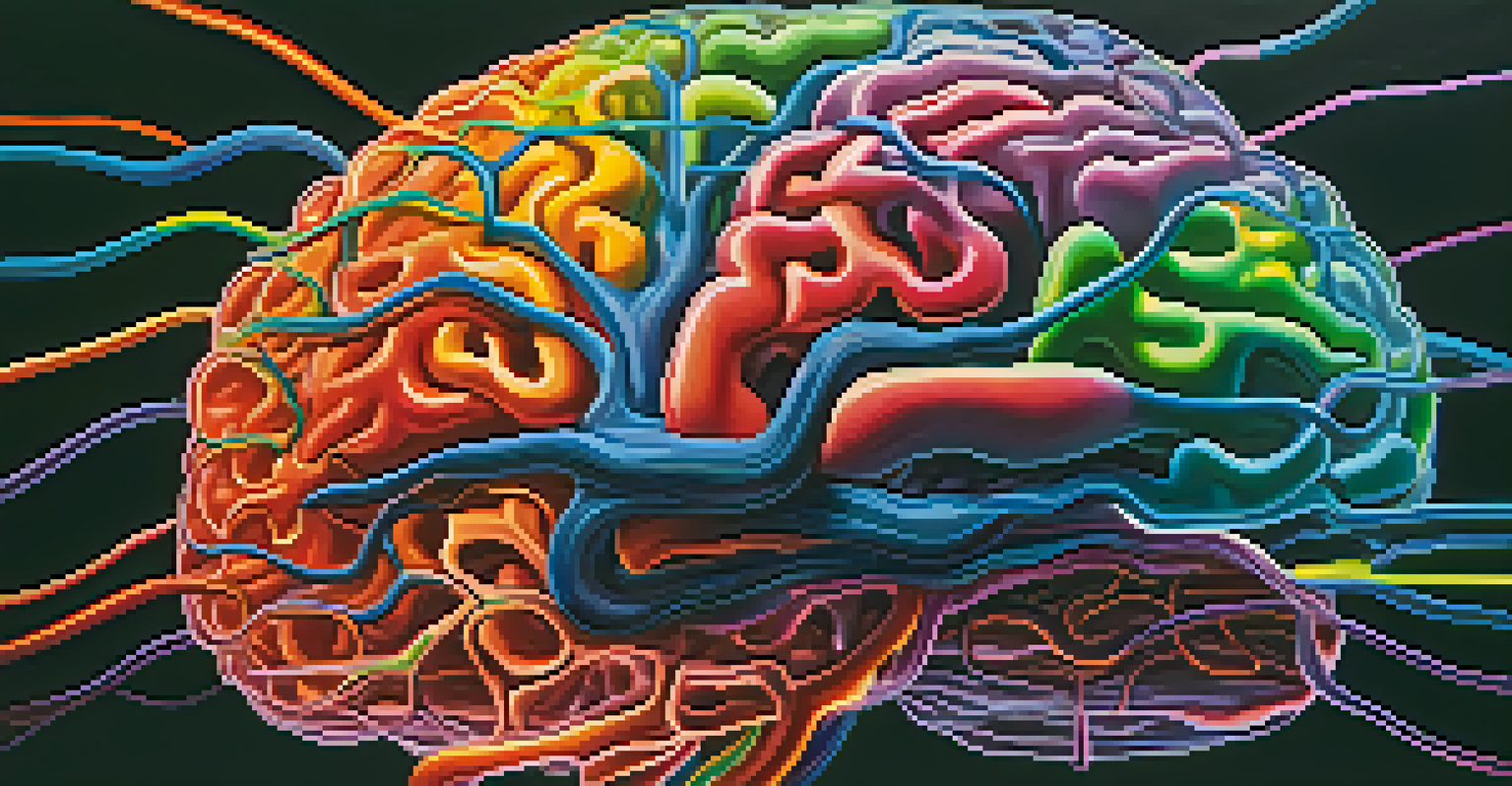 An abstract illustration of a colorful human brain with illuminated neural connections against a dark backdrop.