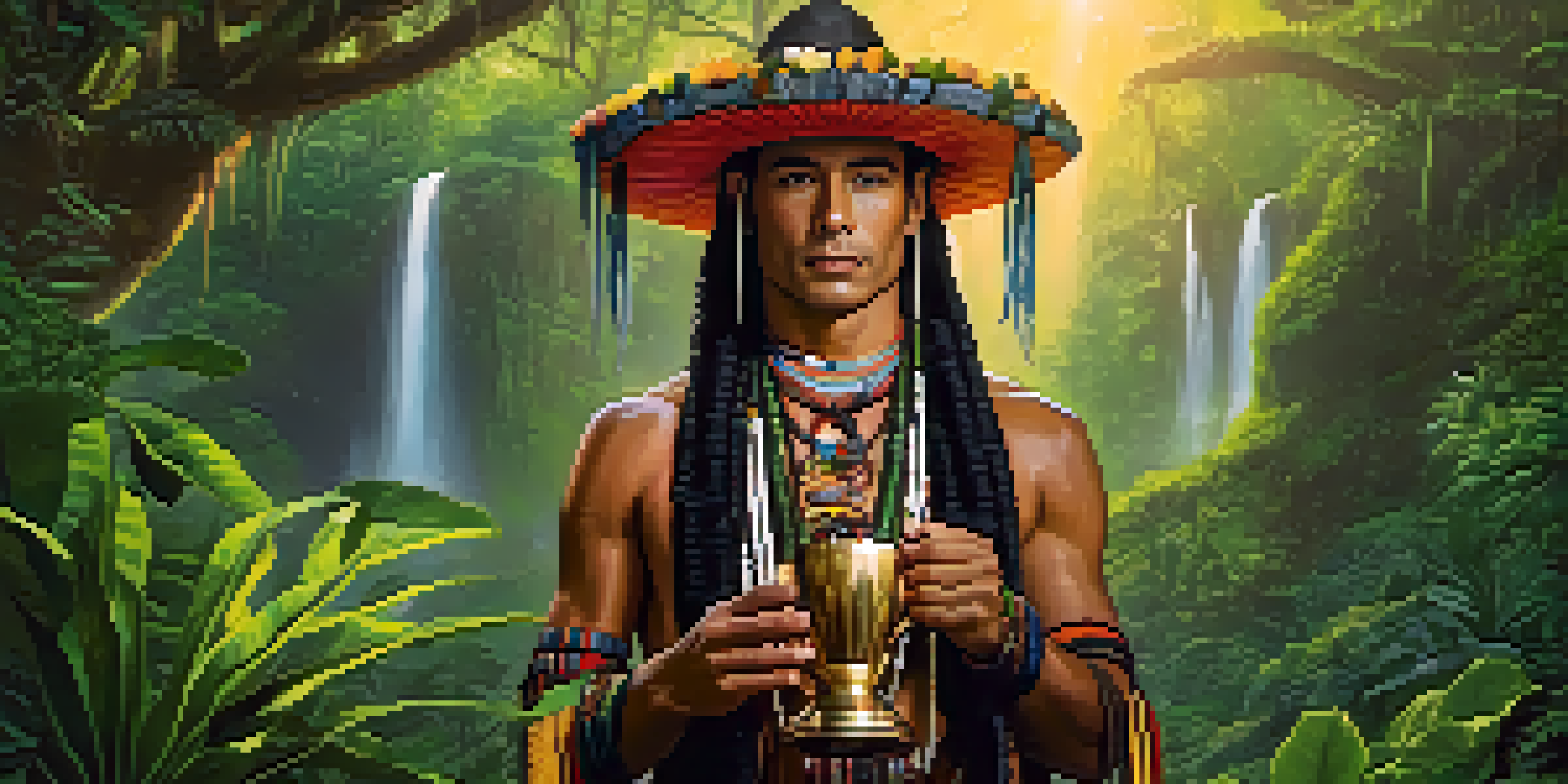 A shaman in traditional attire stands in an Amazonian jungle at sunrise, surrounded by lush greenery and colorful flowers, holding a ceremonial cup.