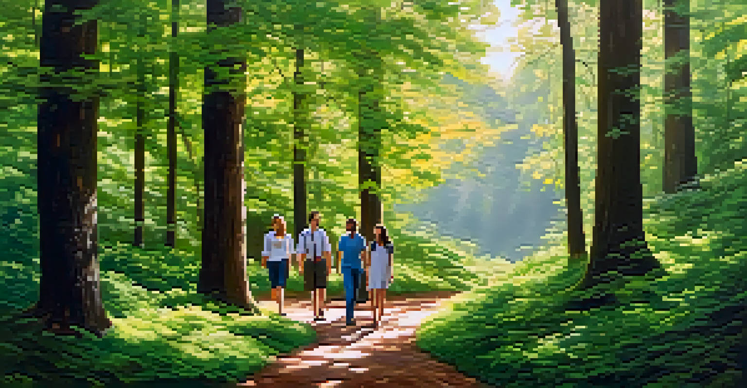 A group of people walking together in a tranquil forest, engaged in conversation under the trees.